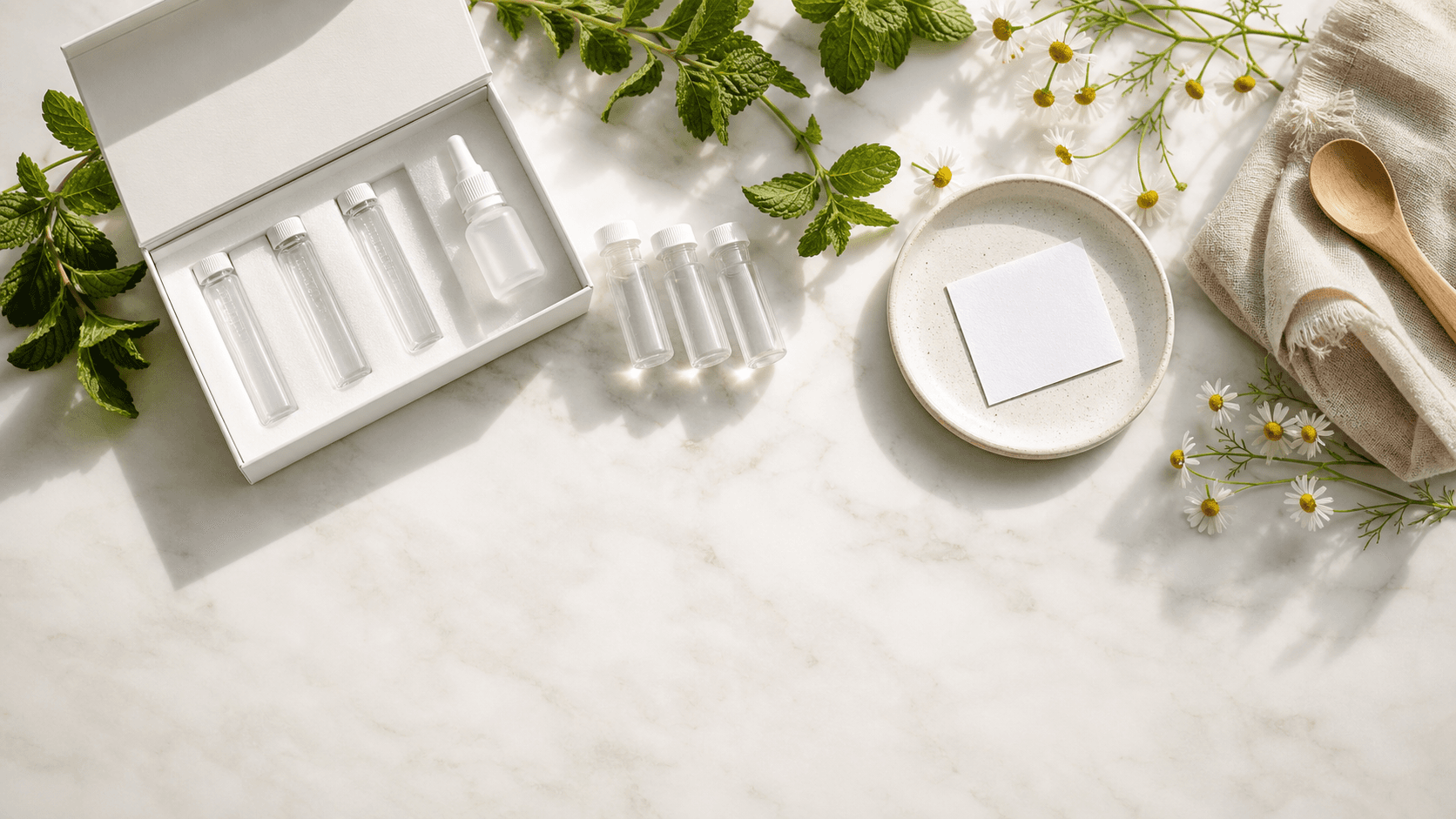 Minimalist flat lay of test tubes and a clipboard on a white desk, with soft light and green accents.