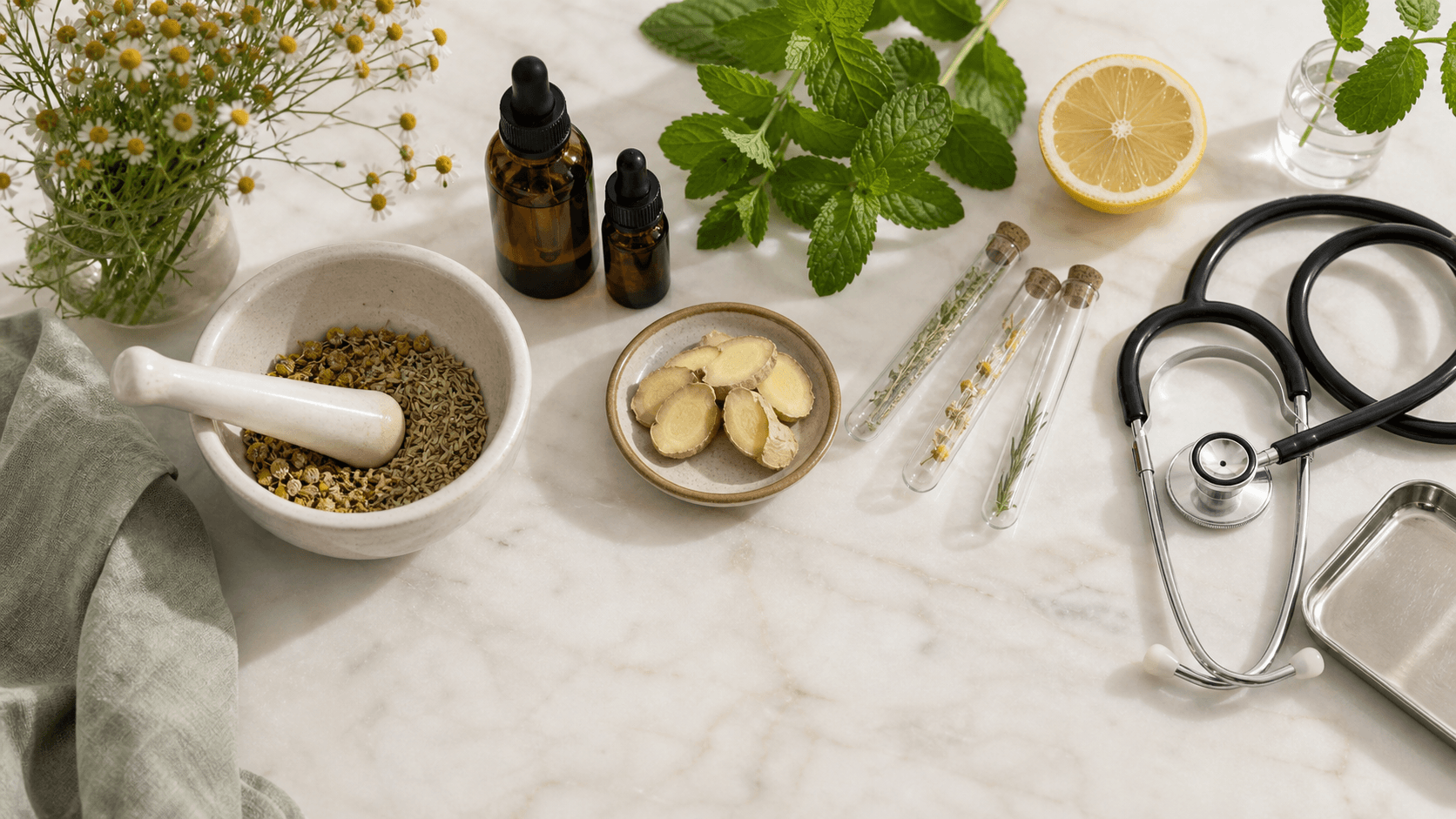 Soft-lit flat lay of herbal capsules, leafy greens, and a stethoscope on a pale green background.