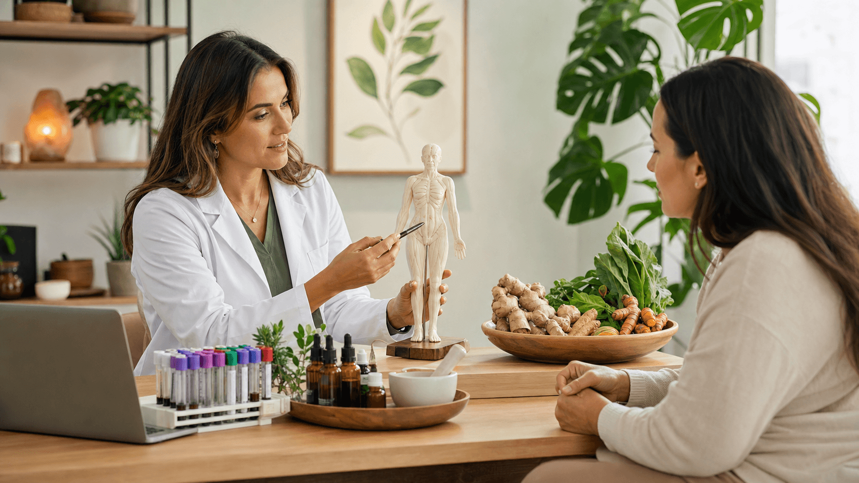 Flat lay of herbs, mortar and pestle, stethoscope, and handwritten notes on a light wood desk with soft light